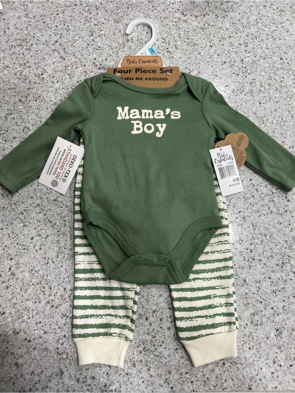 Baby Essentials Green 'Mama's Boy' Long-Sleeve One-Piece with Striped Pants hat
